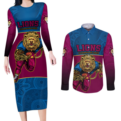 custom-afl-lions-champions-2023-couples-matching-long-sleeve-bodycon-dress-and-long-sleeve-button-shirts-proud-brisbane-aboriginal-vibe