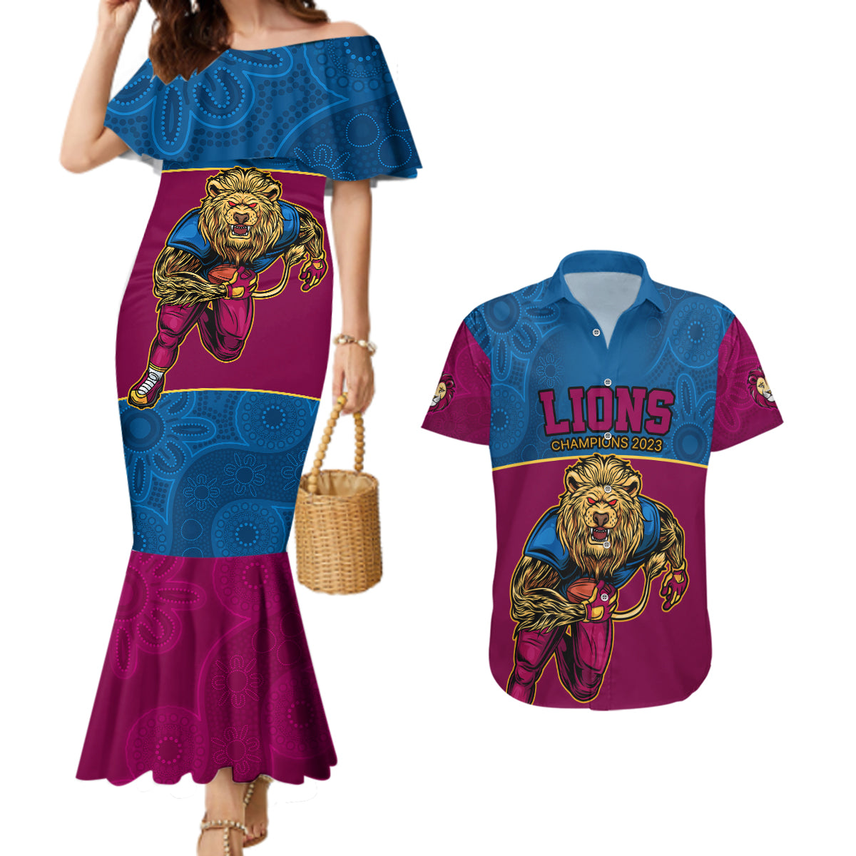 custom-afl-lions-champions-2023-couples-matching-mermaid-dress-and-hawaiian-shirt-proud-brisbane-aboriginal-vibe