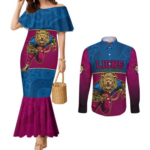 custom-afl-lions-champions-2023-couples-matching-mermaid-dress-and-long-sleeve-button-shirts-proud-brisbane-aboriginal-vibe
