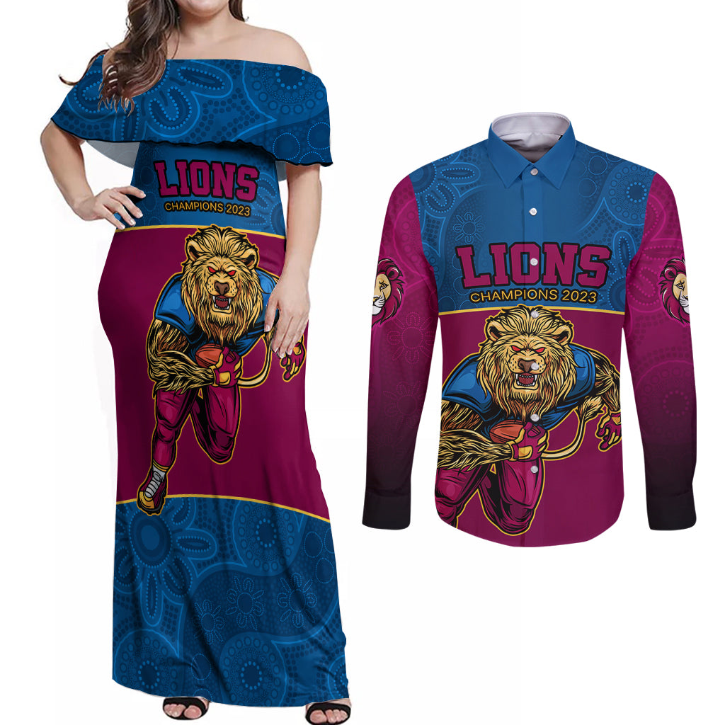 custom-afl-lions-champions-2023-couples-matching-off-shoulder-maxi-dress-and-long-sleeve-button-shirts-proud-brisbane-aboriginal-vibe