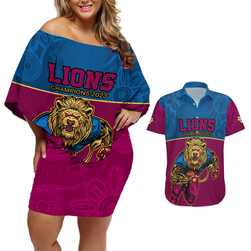 custom-afl-lions-champions-2023-couples-matching-off-shoulder-short-dress-and-hawaiian-shirt-proud-brisbane-aboriginal-vibe