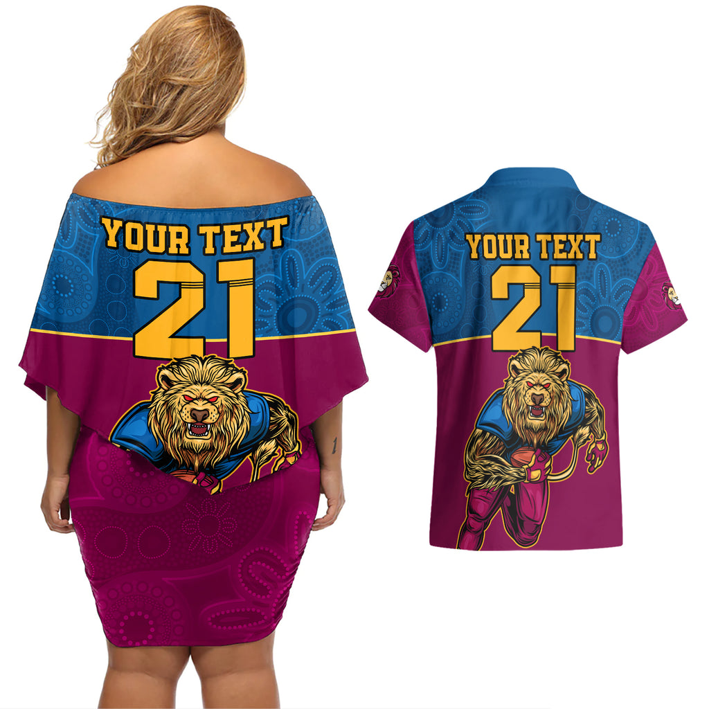 custom-afl-lions-champions-2023-couples-matching-off-shoulder-short-dress-and-hawaiian-shirt-proud-brisbane-aboriginal-vibe