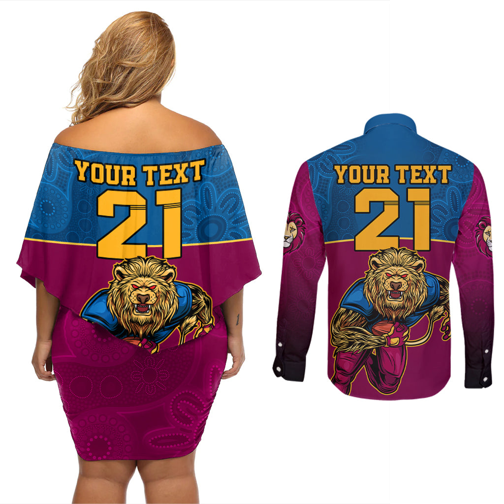 custom-afl-lions-champions-2023-couples-matching-off-shoulder-short-dress-and-long-sleeve-button-shirts-proud-brisbane-aboriginal-vibe