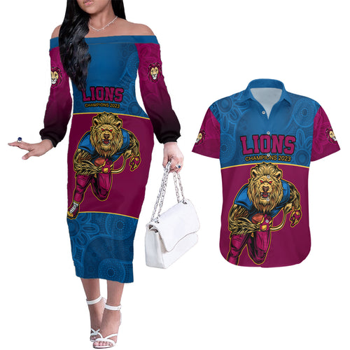 custom-afl-lions-champions-2023-couples-matching-off-the-shoulder-long-sleeve-dress-and-hawaiian-shirt-proud-brisbane-aboriginal-vibe