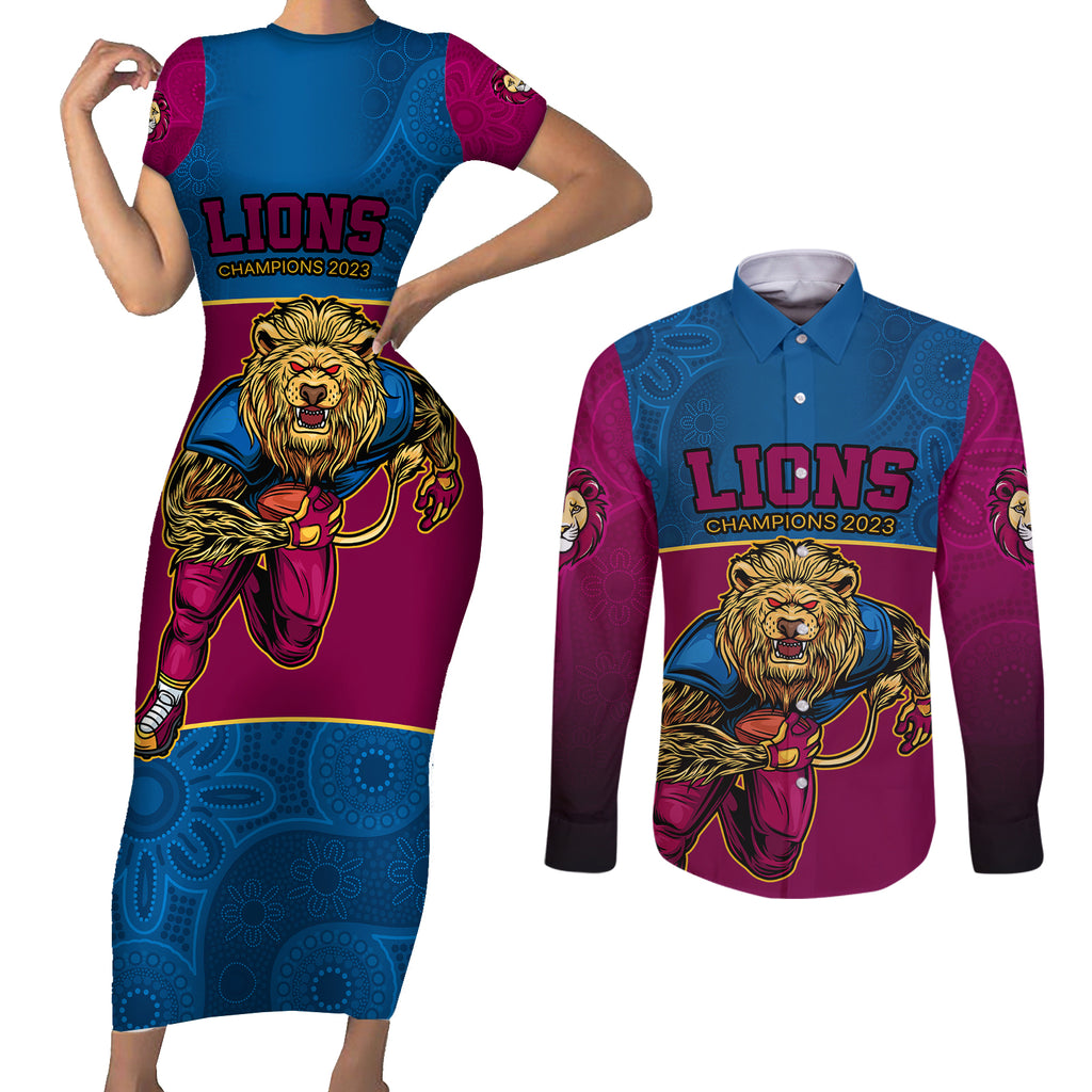 custom-afl-lions-champions-2023-couples-matching-short-sleeve-bodycon-dress-and-long-sleeve-button-shirts-proud-brisbane-aboriginal-vibe