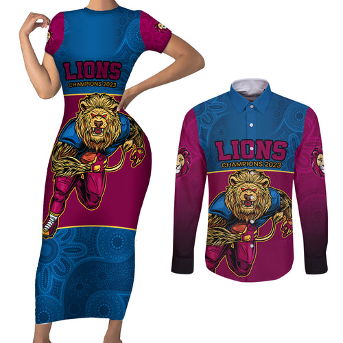 custom-afl-lions-champions-2023-couples-matching-short-sleeve-bodycon-dress-and-long-sleeve-button-shirts-proud-brisbane-aboriginal-vibe