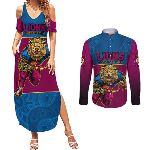 custom-afl-lions-champions-2023-couples-matching-summer-maxi-dress-and-long-sleeve-button-shirts-proud-brisbane-aboriginal-vibe