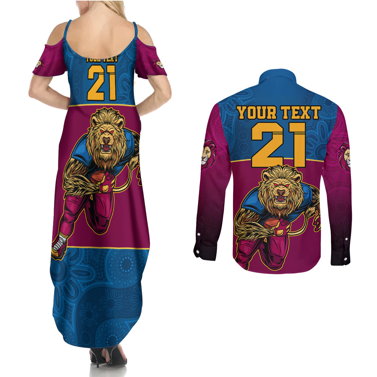 custom-afl-lions-champions-2023-couples-matching-summer-maxi-dress-and-long-sleeve-button-shirts-proud-brisbane-aboriginal-vibe