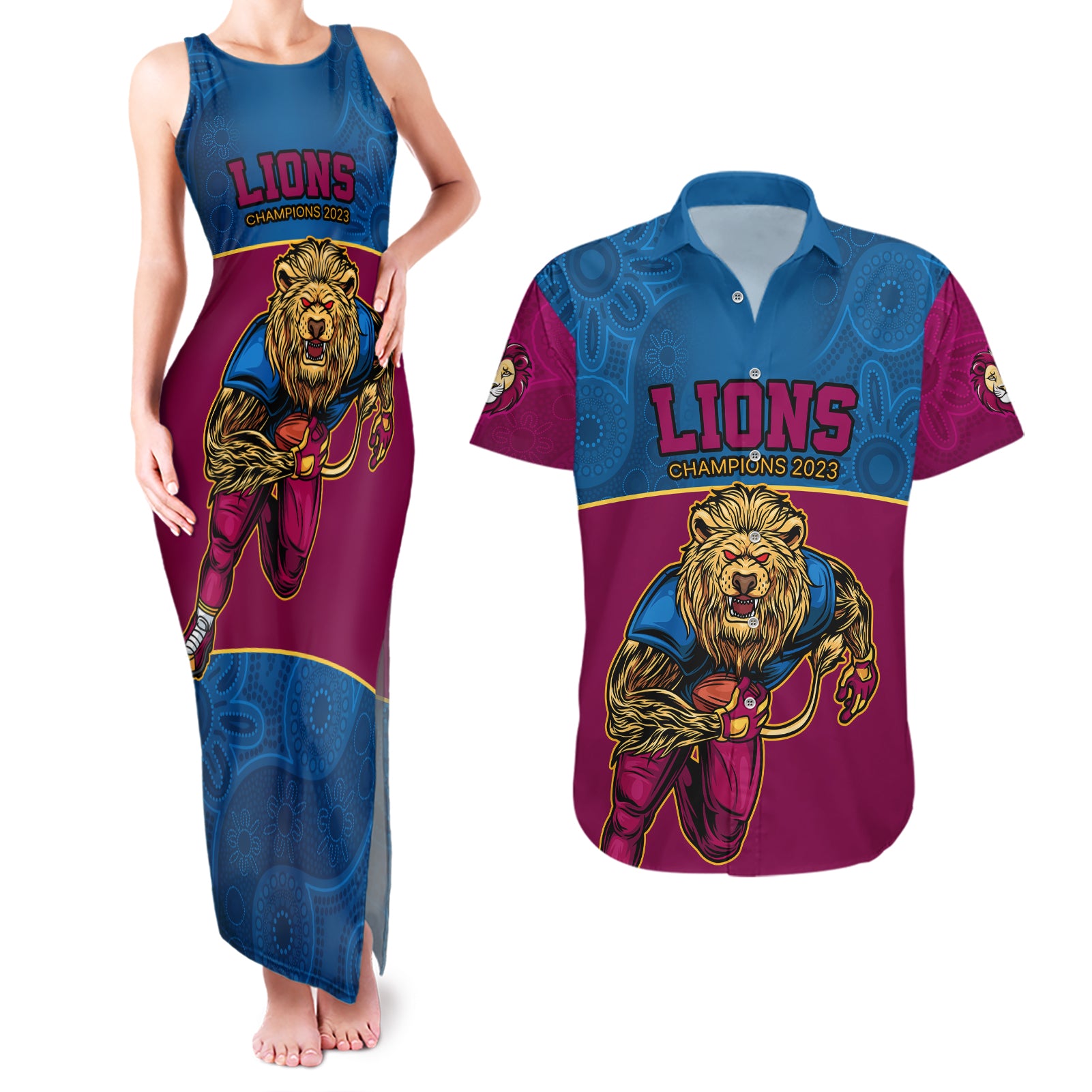 custom-afl-lions-champions-2023-couples-matching-tank-maxi-dress-and-hawaiian-shirt-proud-brisbane-aboriginal-vibe