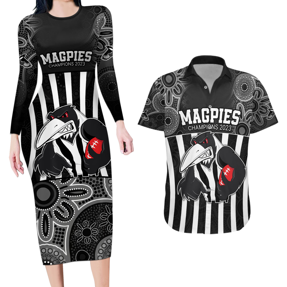 afl-magpies-champions-2023-couples-matching-long-sleeve-bodycon-dress-and-hawaiian-shirt-proud-collingwood-aboriginal-vibe