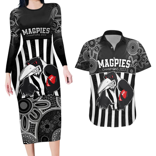 afl-magpies-champions-2023-couples-matching-long-sleeve-bodycon-dress-and-hawaiian-shirt-proud-collingwood-aboriginal-vibe