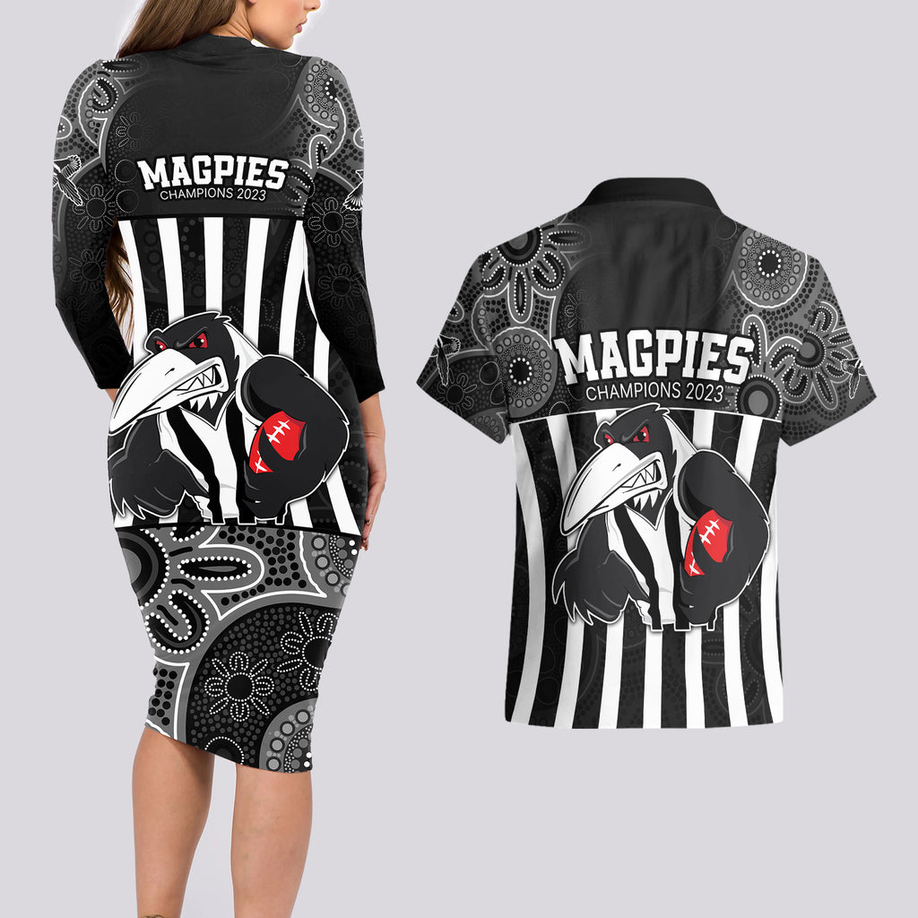 afl-magpies-champions-2023-couples-matching-long-sleeve-bodycon-dress-and-hawaiian-shirt-proud-collingwood-aboriginal-vibe