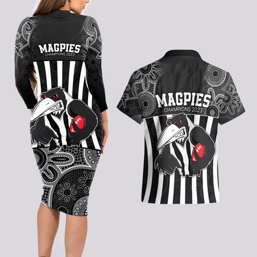 afl-magpies-champions-2023-couples-matching-long-sleeve-bodycon-dress-and-hawaiian-shirt-proud-collingwood-aboriginal-vibe