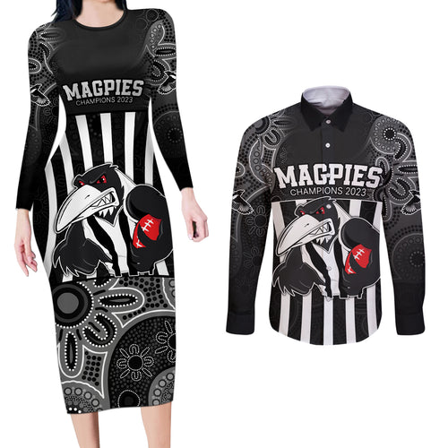 afl-magpies-champions-2023-couples-matching-long-sleeve-bodycon-dress-and-long-sleeve-button-shirts-proud-collingwood-aboriginal-vibe