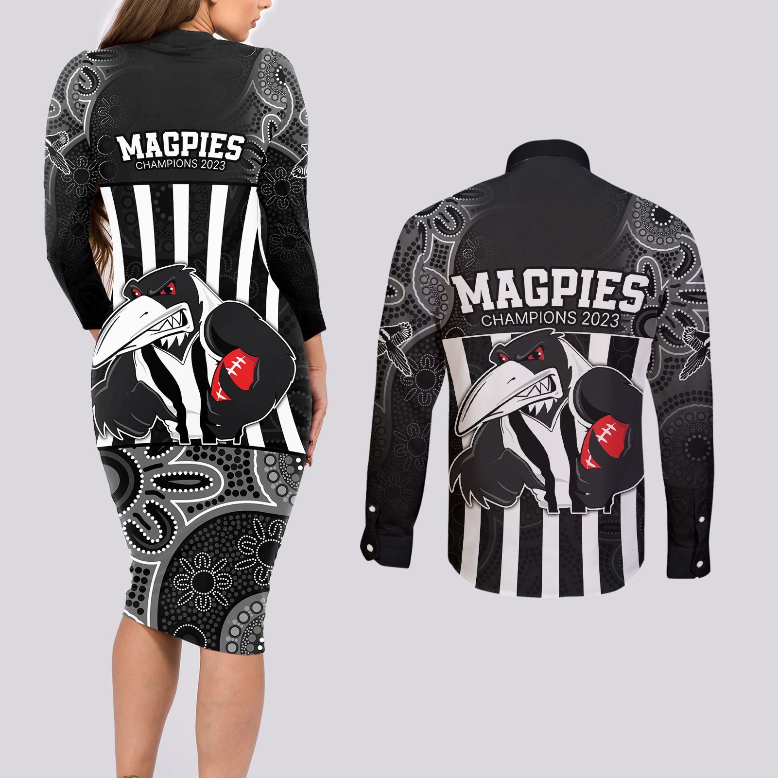 afl-magpies-champions-2023-couples-matching-long-sleeve-bodycon-dress-and-long-sleeve-button-shirts-proud-collingwood-aboriginal-vibe