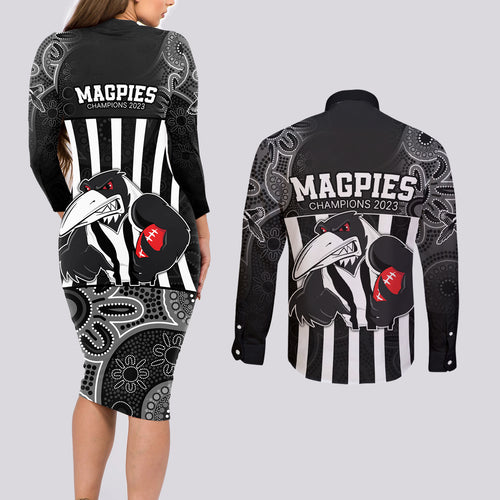 afl-magpies-champions-2023-couples-matching-long-sleeve-bodycon-dress-and-long-sleeve-button-shirts-proud-collingwood-aboriginal-vibe