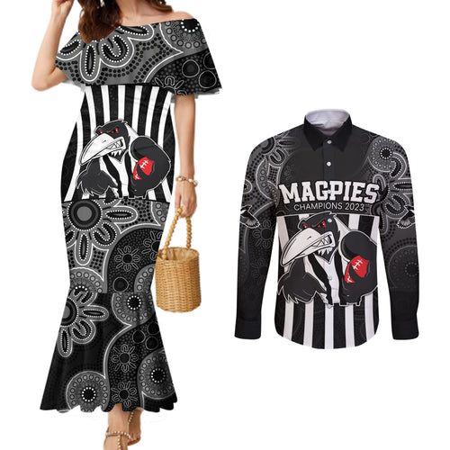 afl-magpies-champions-2023-couples-matching-mermaid-dress-and-long-sleeve-button-shirts-proud-collingwood-aboriginal-vibe