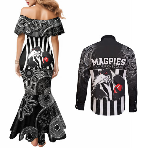 afl-magpies-champions-2023-couples-matching-mermaid-dress-and-long-sleeve-button-shirts-proud-collingwood-aboriginal-vibe