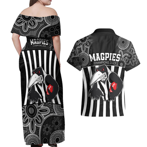 afl-magpies-champions-2023-couples-matching-off-shoulder-maxi-dress-and-hawaiian-shirt-proud-collingwood-aboriginal-vibe