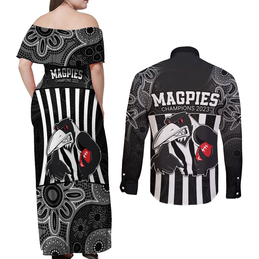 afl-magpies-champions-2023-couples-matching-off-shoulder-maxi-dress-and-long-sleeve-button-shirts-proud-collingwood-aboriginal-vibe