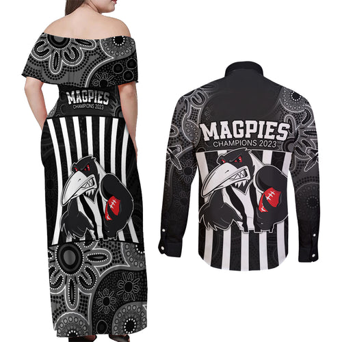 afl-magpies-champions-2023-couples-matching-off-shoulder-maxi-dress-and-long-sleeve-button-shirts-proud-collingwood-aboriginal-vibe