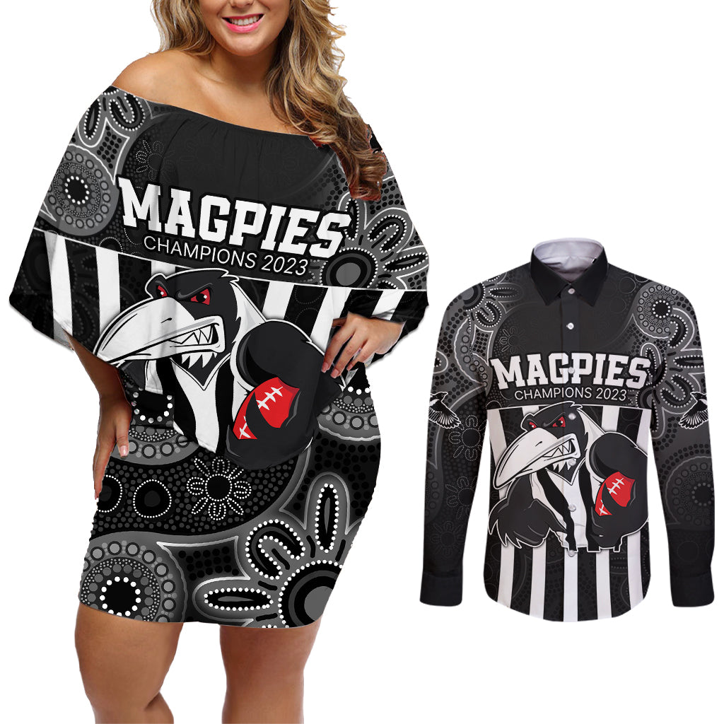 afl-magpies-champions-2023-couples-matching-off-shoulder-short-dress-and-long-sleeve-button-shirts-proud-collingwood-aboriginal-vibe