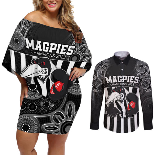 afl-magpies-champions-2023-couples-matching-off-shoulder-short-dress-and-long-sleeve-button-shirts-proud-collingwood-aboriginal-vibe