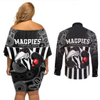 afl-magpies-champions-2023-couples-matching-off-shoulder-short-dress-and-long-sleeve-button-shirts-proud-collingwood-aboriginal-vibe