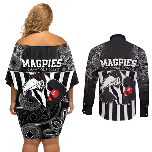 afl-magpies-champions-2023-couples-matching-off-shoulder-short-dress-and-long-sleeve-button-shirts-proud-collingwood-aboriginal-vibe
