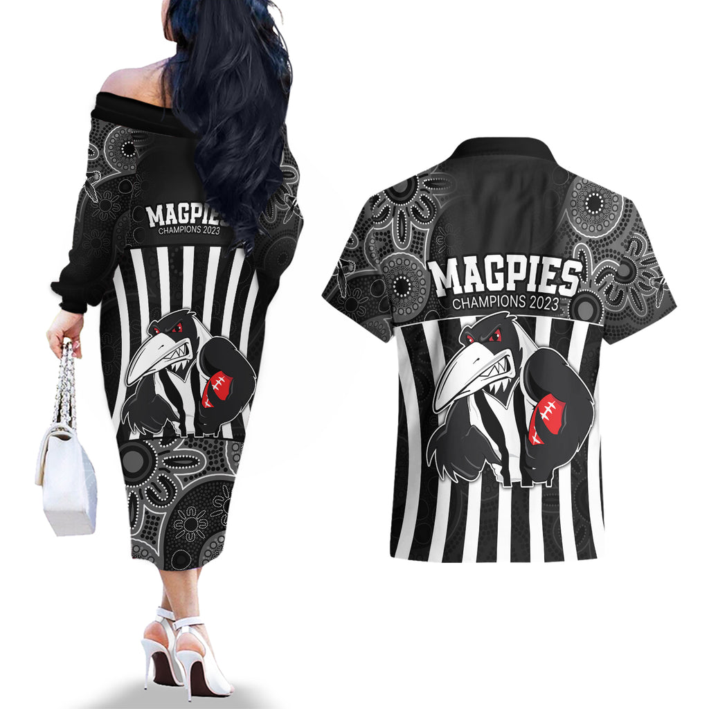 afl-magpies-champions-2023-couples-matching-off-the-shoulder-long-sleeve-dress-and-hawaiian-shirt-proud-collingwood-aboriginal-vibe