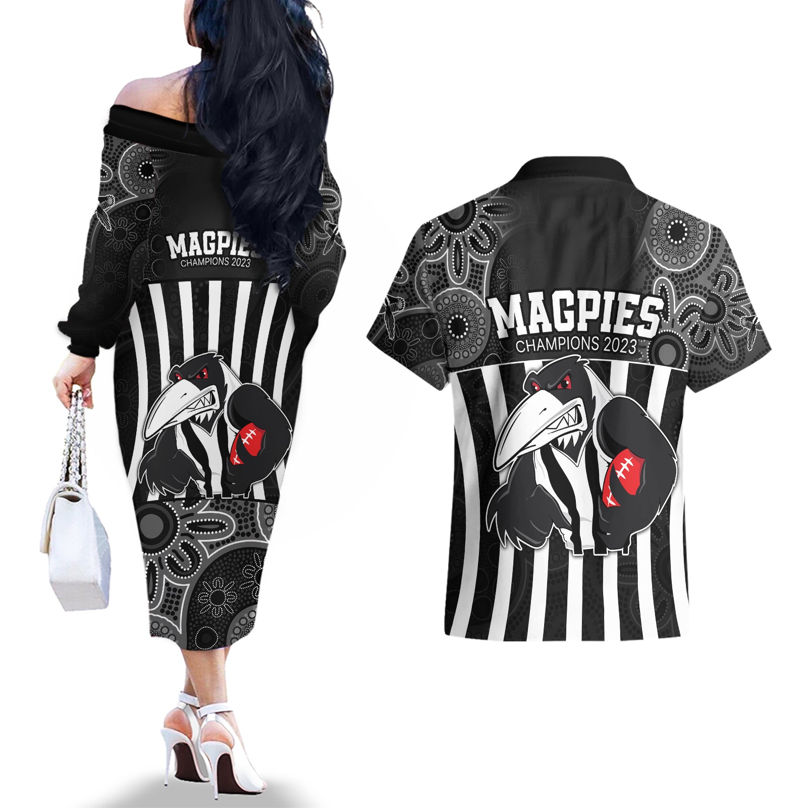 afl-magpies-champions-2023-couples-matching-off-the-shoulder-long-sleeve-dress-and-hawaiian-shirt-proud-collingwood-aboriginal-vibe