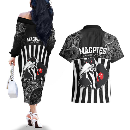 afl-magpies-champions-2023-couples-matching-off-the-shoulder-long-sleeve-dress-and-hawaiian-shirt-proud-collingwood-aboriginal-vibe