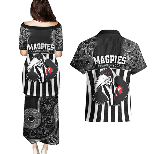 afl-magpies-champions-2023-couples-matching-puletasi-dress-and-hawaiian-shirt-proud-collingwood-aboriginal-vibe
