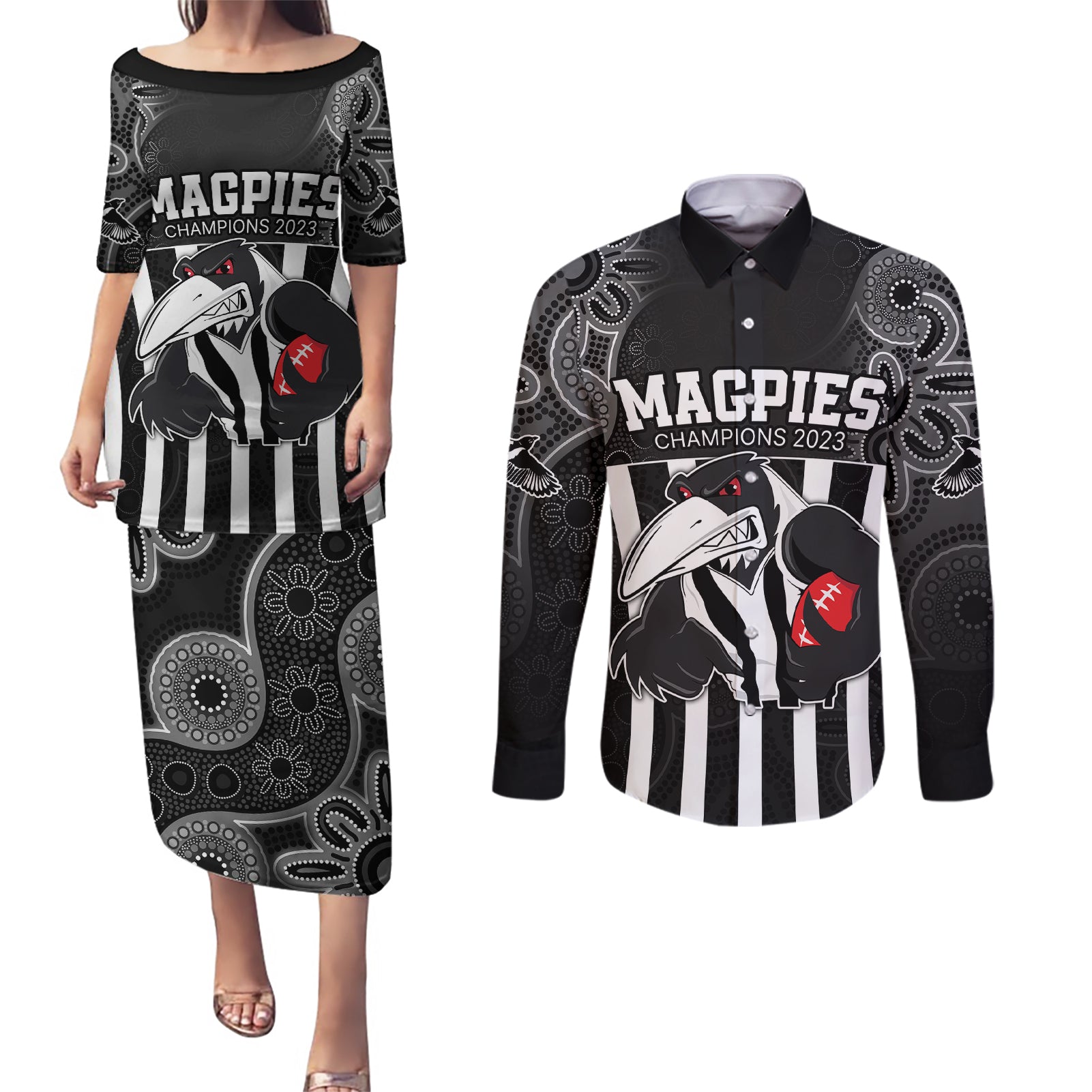 afl-magpies-champions-2023-couples-matching-puletasi-dress-and-long-sleeve-button-shirts-proud-collingwood-aboriginal-vibe