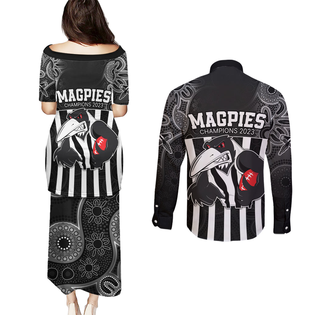 afl-magpies-champions-2023-couples-matching-puletasi-dress-and-long-sleeve-button-shirts-proud-collingwood-aboriginal-vibe