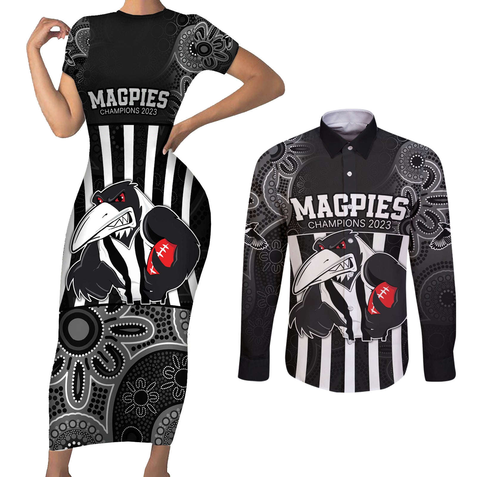 afl-magpies-champions-2023-couples-matching-short-sleeve-bodycon-dress-and-long-sleeve-button-shirts-proud-collingwood-aboriginal-vibe