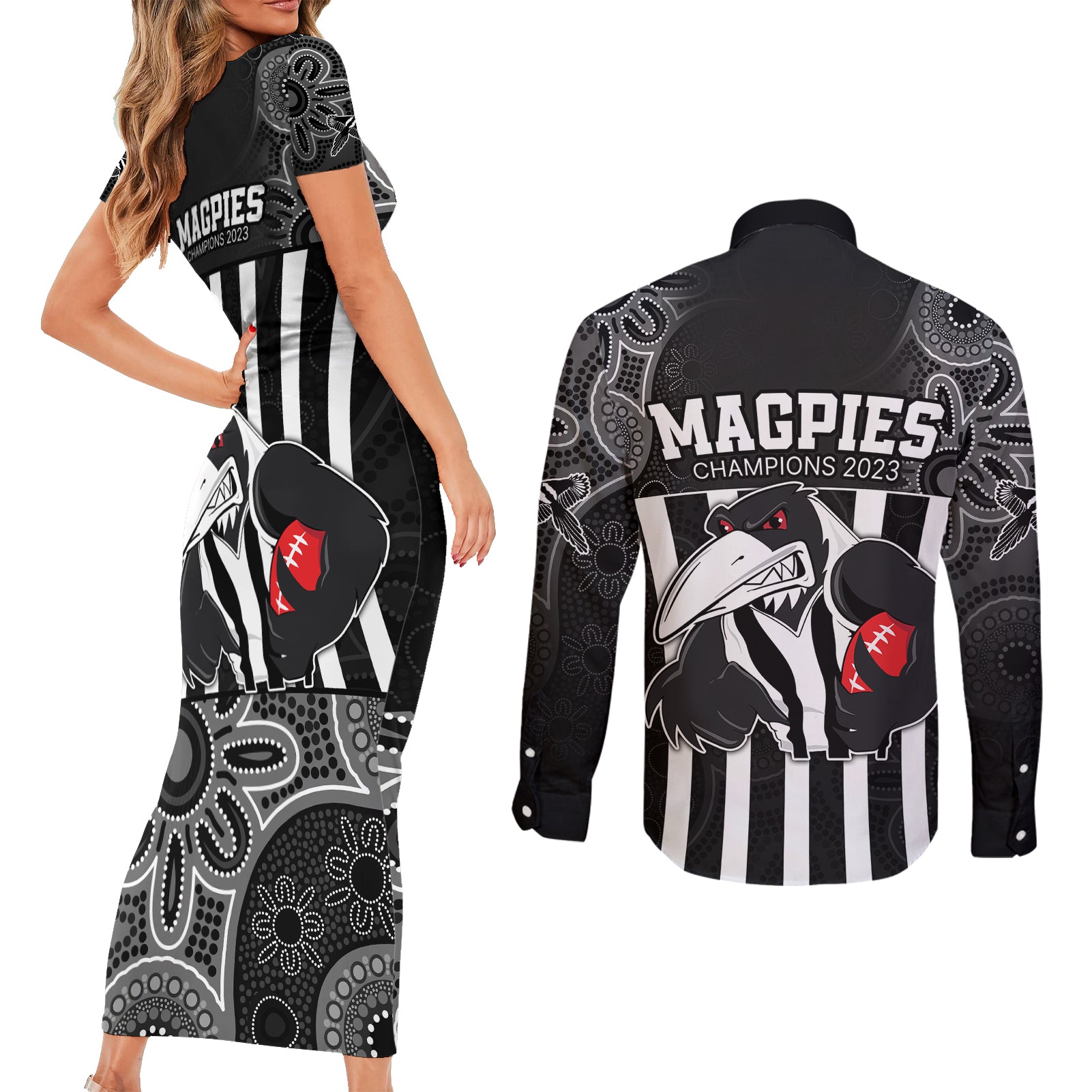 afl-magpies-champions-2023-couples-matching-short-sleeve-bodycon-dress-and-long-sleeve-button-shirts-proud-collingwood-aboriginal-vibe