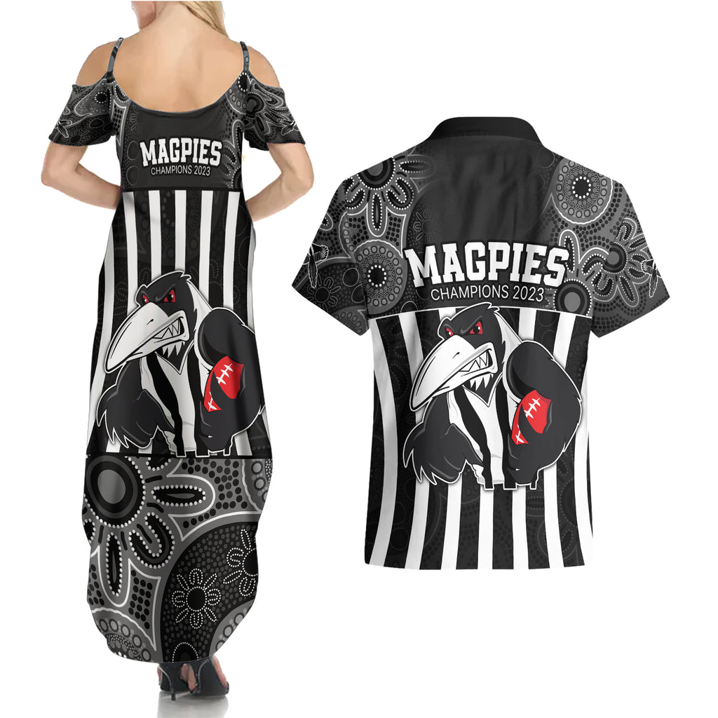 afl-magpies-champions-2023-couples-matching-summer-maxi-dress-and-hawaiian-shirt-proud-collingwood-aboriginal-vibe