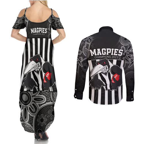 afl-magpies-champions-2023-couples-matching-summer-maxi-dress-and-long-sleeve-button-shirts-proud-collingwood-aboriginal-vibe