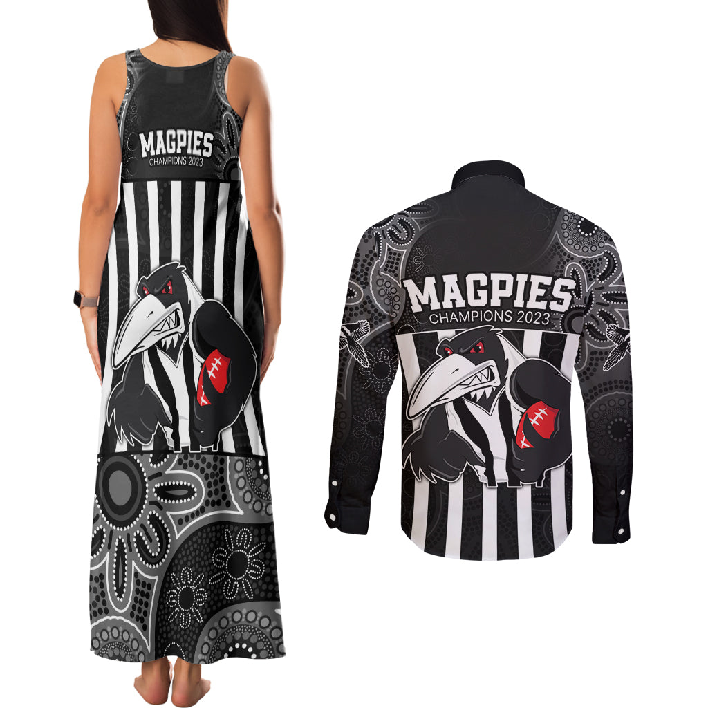 afl-magpies-champions-2023-couples-matching-tank-maxi-dress-and-long-sleeve-button-shirts-proud-collingwood-aboriginal-vibe