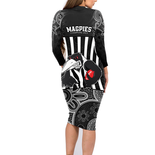 afl-magpies-champions-2023-family-matching-long-sleeve-bodycon-dress-and-hawaiian-shirt-proud-collingwood-aboriginal-vibe