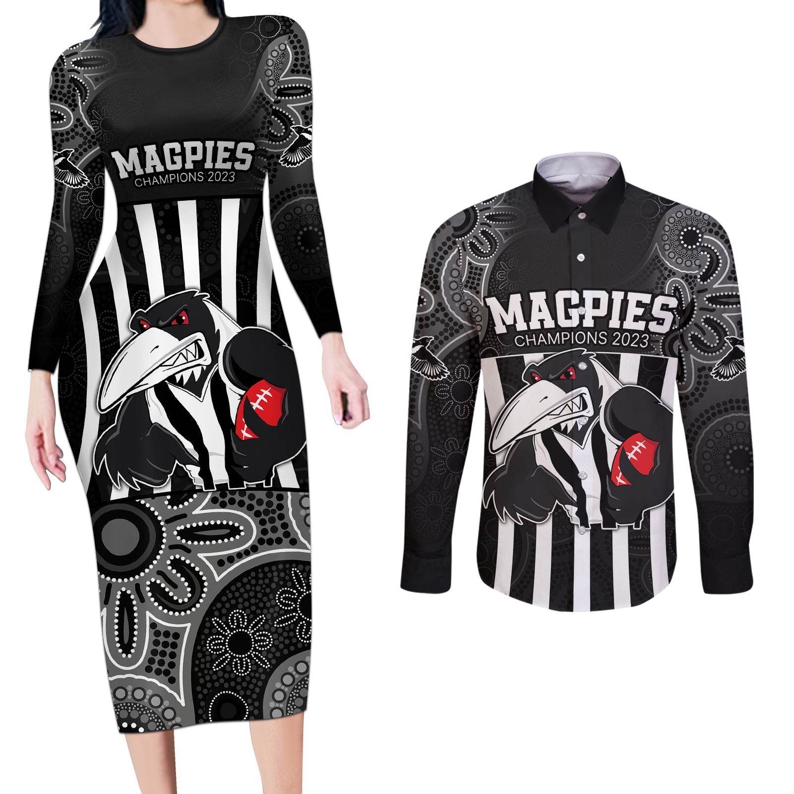 custom-afl-magpies-champions-2023-couples-matching-long-sleeve-bodycon-dress-and-long-sleeve-button-shirts-proud-collingwood-aboriginal-vibe