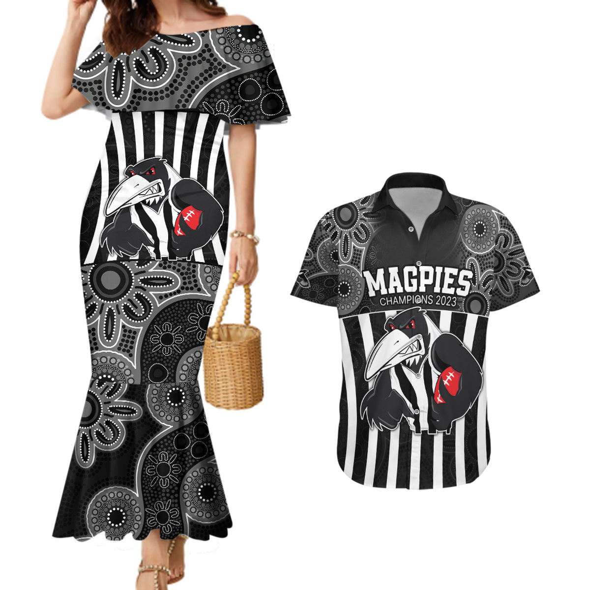 custom-afl-magpies-champions-2023-couples-matching-mermaid-dress-and-hawaiian-shirt-proud-collingwood-aboriginal-vibe