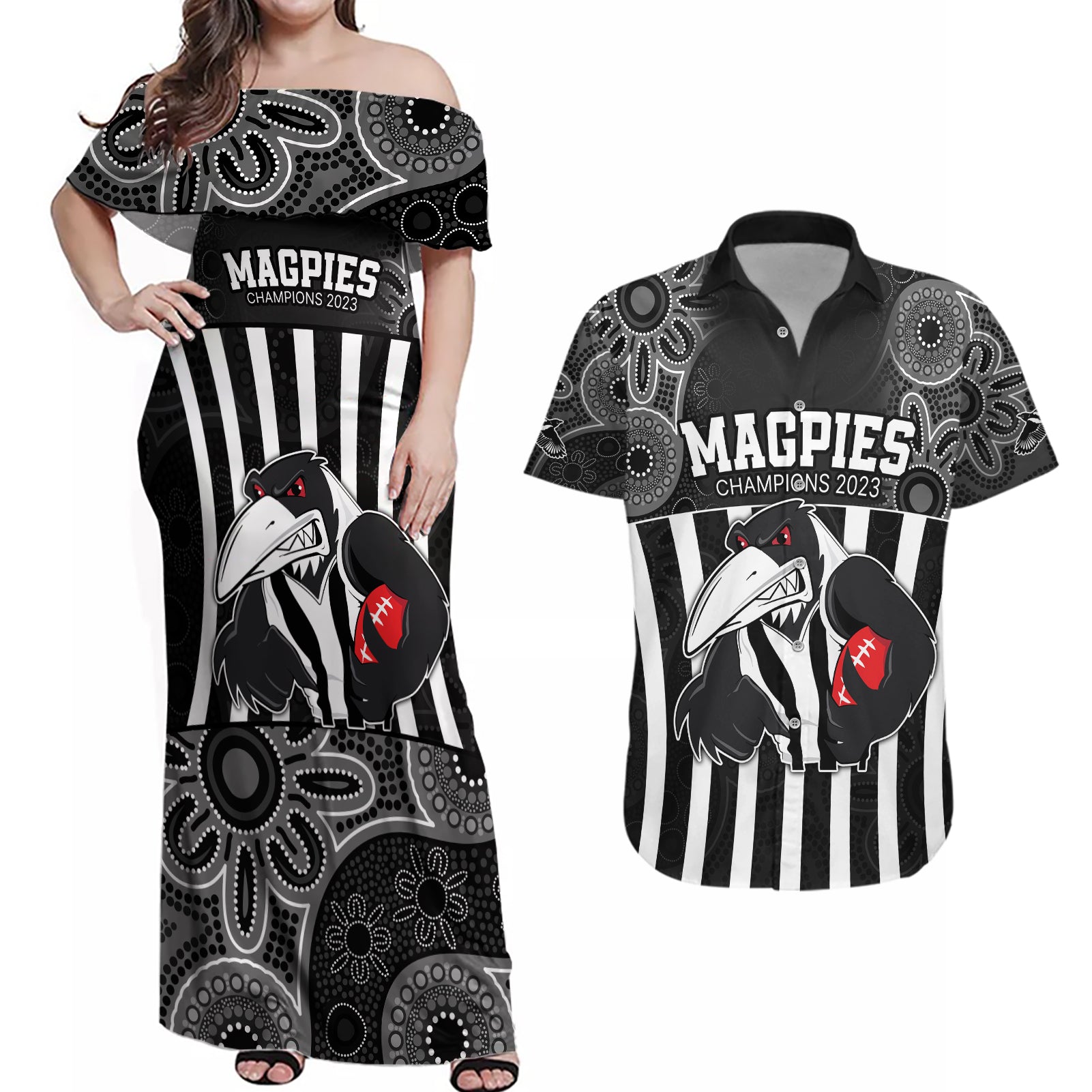 custom-afl-magpies-champions-2023-couples-matching-off-shoulder-maxi-dress-and-hawaiian-shirt-proud-collingwood-aboriginal-vibe