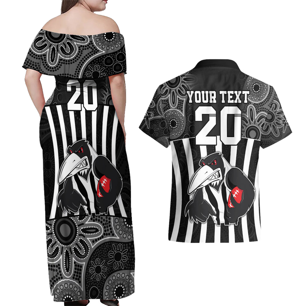 custom-afl-magpies-champions-2023-couples-matching-off-shoulder-maxi-dress-and-hawaiian-shirt-proud-collingwood-aboriginal-vibe