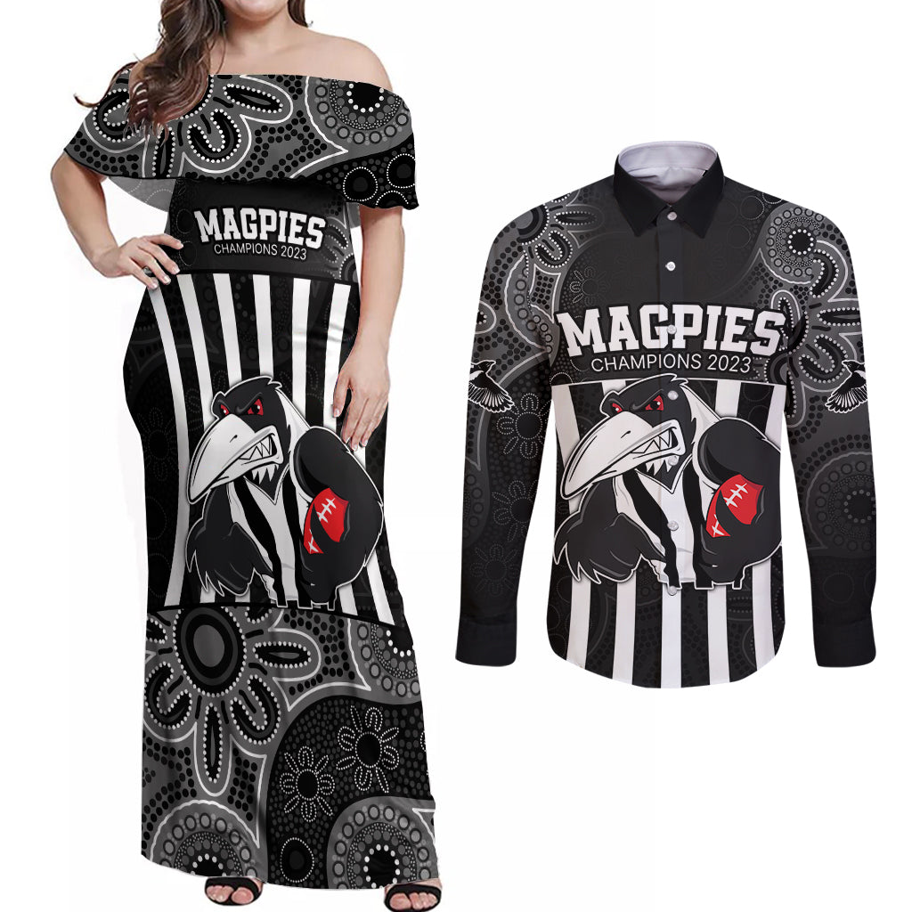 custom-afl-magpies-champions-2023-couples-matching-off-shoulder-maxi-dress-and-long-sleeve-button-shirts-proud-collingwood-aboriginal-vibe