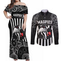 custom-afl-magpies-champions-2023-couples-matching-off-shoulder-maxi-dress-and-long-sleeve-button-shirts-proud-collingwood-aboriginal-vibe