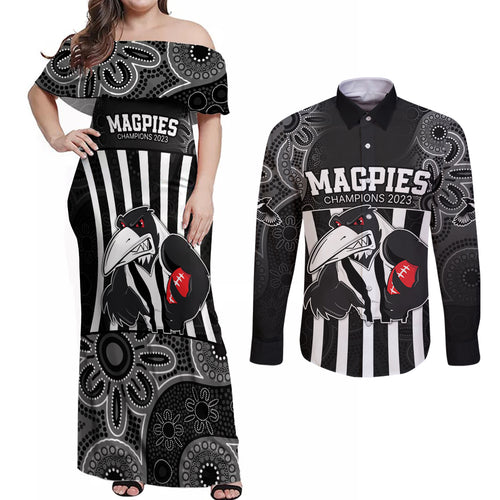 custom-afl-magpies-champions-2023-couples-matching-off-shoulder-maxi-dress-and-long-sleeve-button-shirts-proud-collingwood-aboriginal-vibe