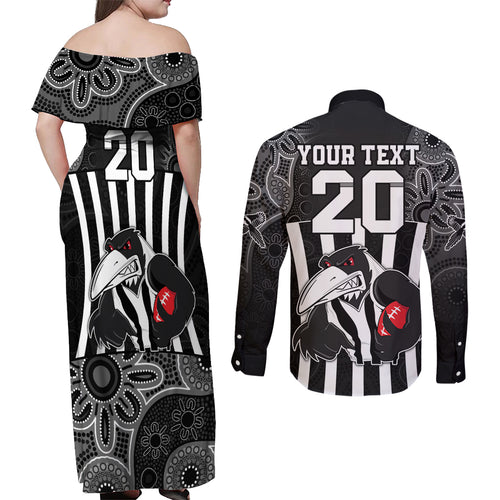 custom-afl-magpies-champions-2023-couples-matching-off-shoulder-maxi-dress-and-long-sleeve-button-shirts-proud-collingwood-aboriginal-vibe