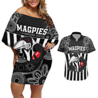 custom-afl-magpies-champions-2023-couples-matching-off-shoulder-short-dress-and-hawaiian-shirt-proud-collingwood-aboriginal-vibe